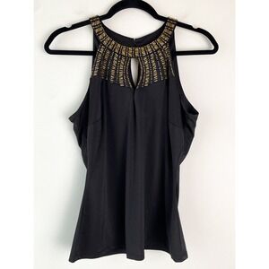 Cache Y2K Beaded Neck Slinky Blouse M Black Keyhole Sleeveless Whimsigoth‎ Club
